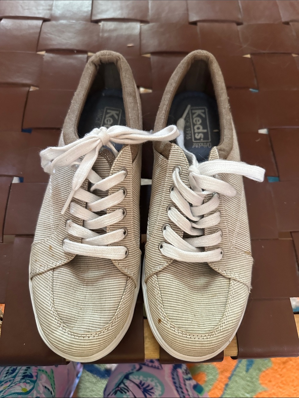 Keds Beige Striped Canvas Low-Top Sneakers